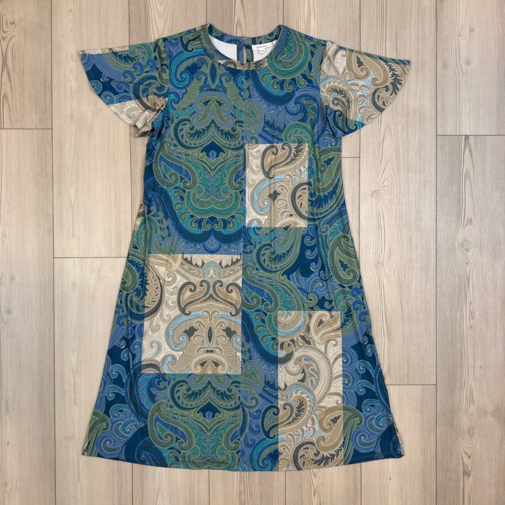 Chicos Blue Green Paisley Patchwork Flutter Sleeve Shift Dress Size 2 Large